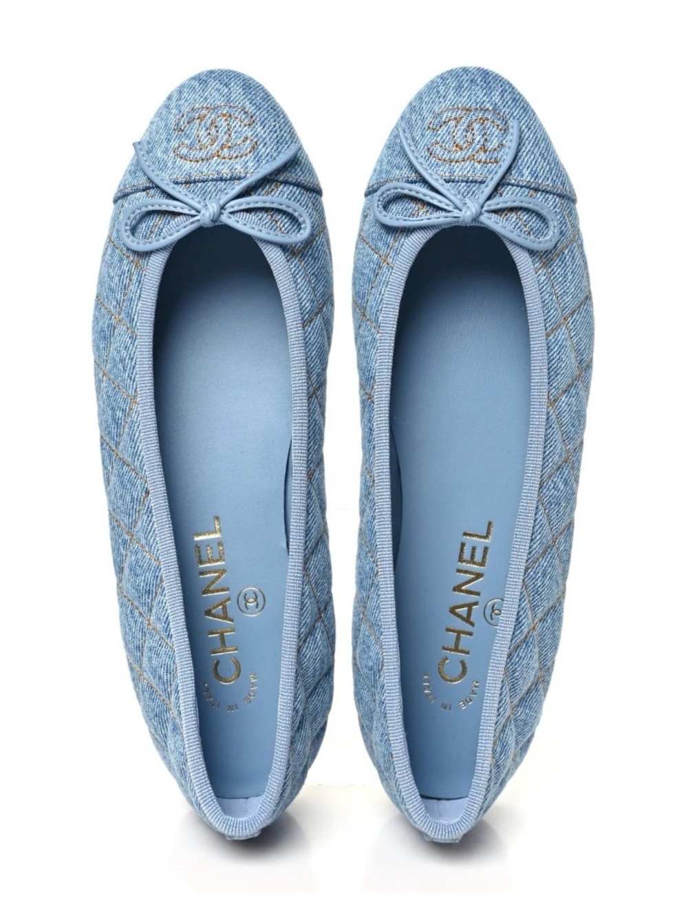 CHANEL Light Blue Quilted Denim Ballet Flats
